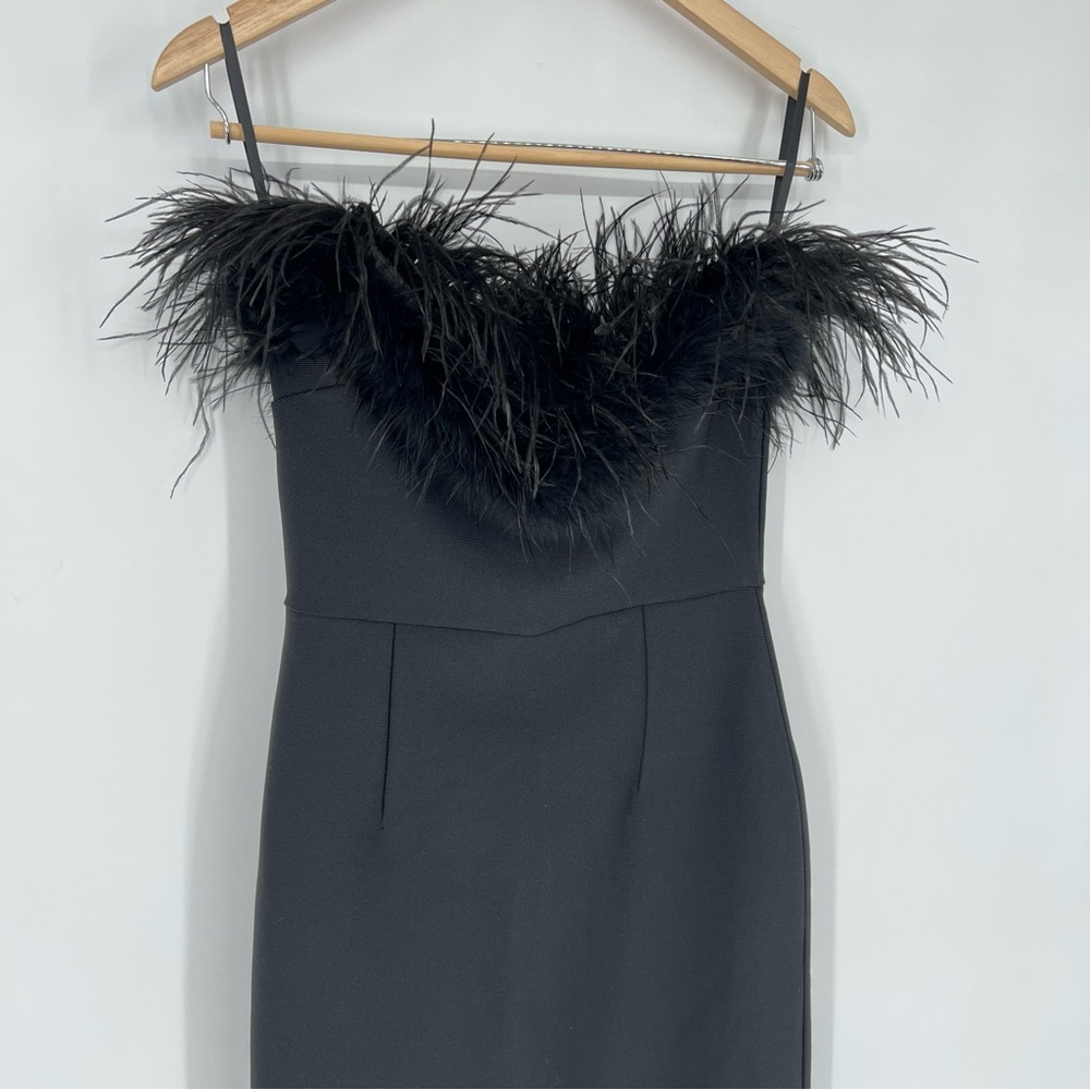 NWT Catchall Naomi Black Strapless Feather Trimmed Bandage Maxi Bodycon Dress - Picture 5 of 16